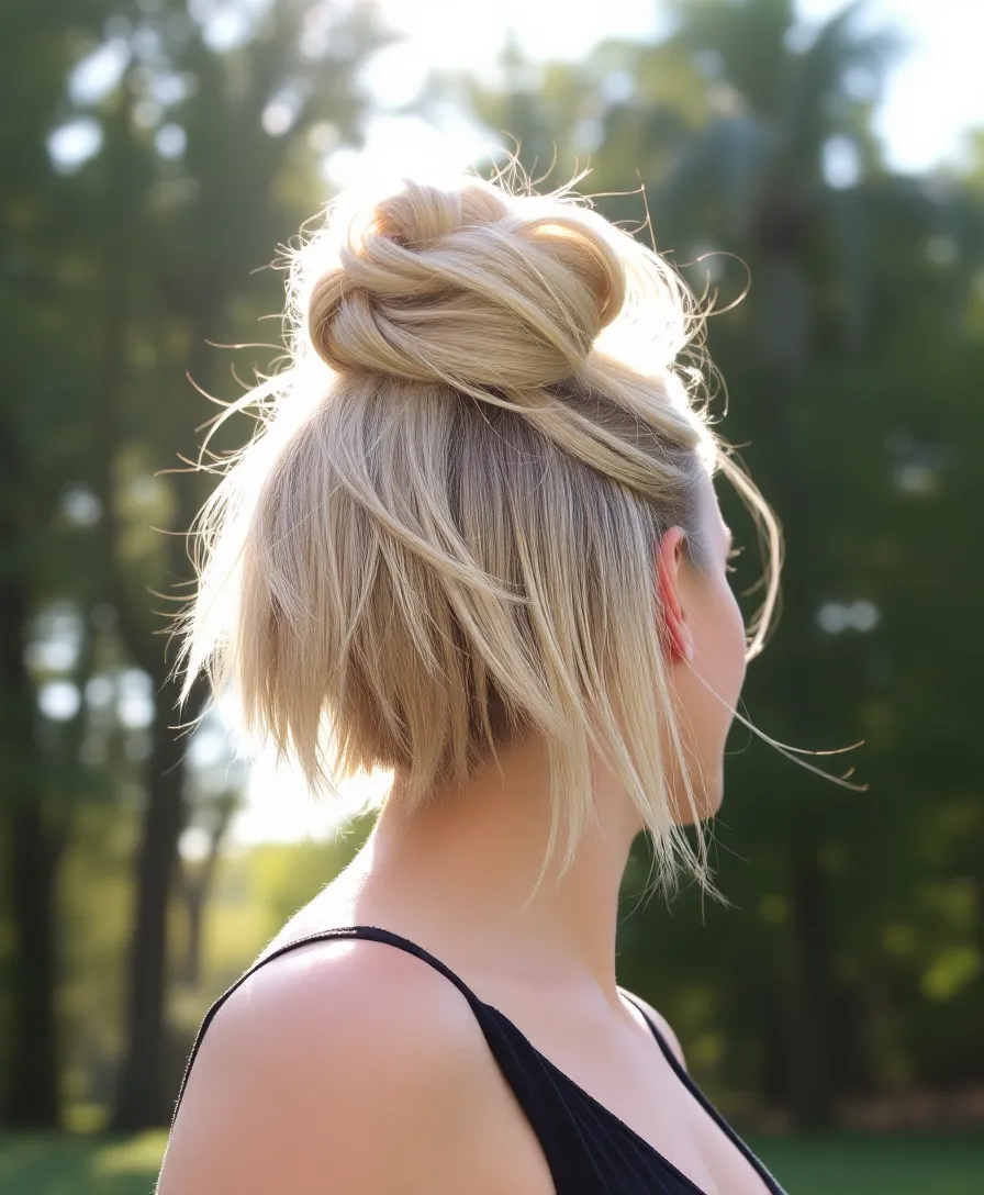 15 Wolf Cuts Without Bangs That Are Taking the Fashion World by Storm (You Won't Believe #7!) - 6. Messy Bun with Wolf Cut Layers