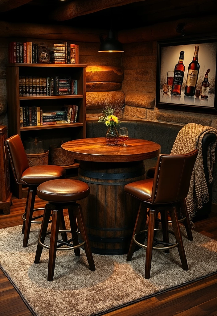 28 Dram-atic Whisky Lounge Room Ideas That'll Elevate Your Home Decor Game! - 1. Cozy Corner with a Whisky Barrel Table