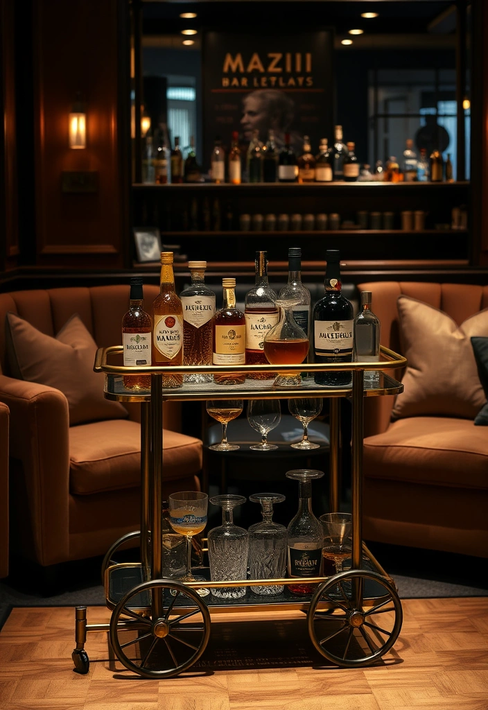 28 Dram-atic Whisky Lounge Room Ideas That'll Elevate Your Home Decor Game! - 3. Vintage-Inspired Bar Cart