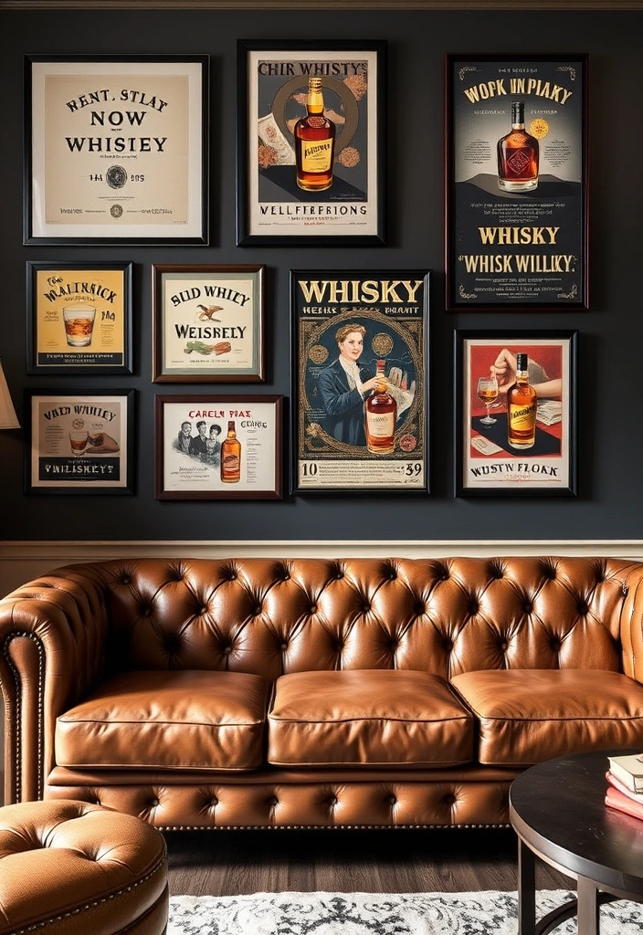 28 Dram-atic Whisky Lounge Room Ideas That'll Elevate Your Home Decor Game! - 5. Whisky-Themed Wall Art