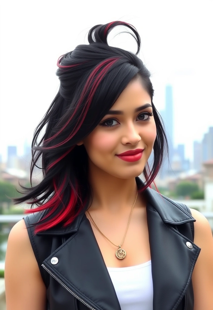 15 Sassy Hairstyles With Streaky Highlights That'll Turn Heads! - 8. Black and Red Half-Up, Half-Down Style