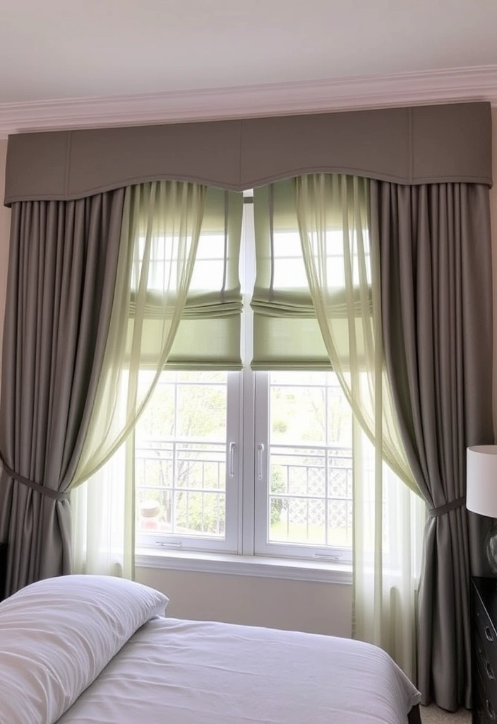 28 Stunning Sage Green and Grey Bedroom Ideas That Will Transform Your Space! - 16. Layered Window Treatments