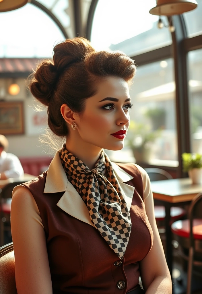 15 Buzzing Beehive Hairstyles That Will Make You Stand Out! - 10. Vintage-Inspired Beehive with Neck Scarf