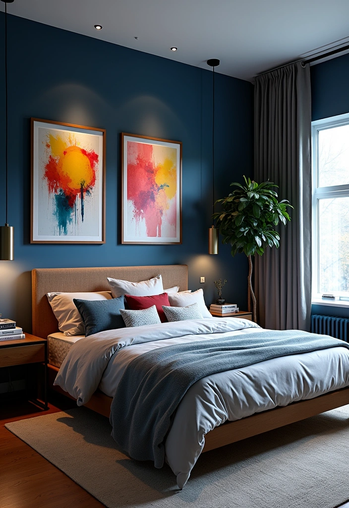 20 Dark Blue Bedroom Ideas That'll Transform Your Space Into a Cozy Retreat! - 13. Dark Blue and Abstract Art