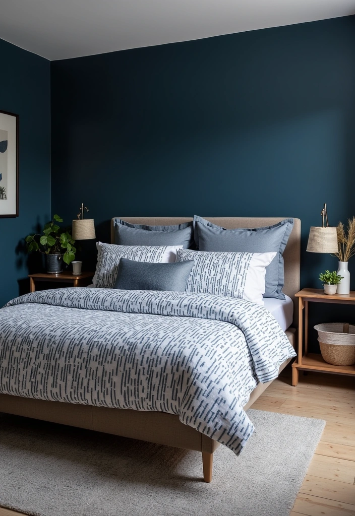 20 Dark Blue Bedroom Ideas That'll Transform Your Space Into a Cozy Retreat! - 15. Dark Blue and Geometric Patterns