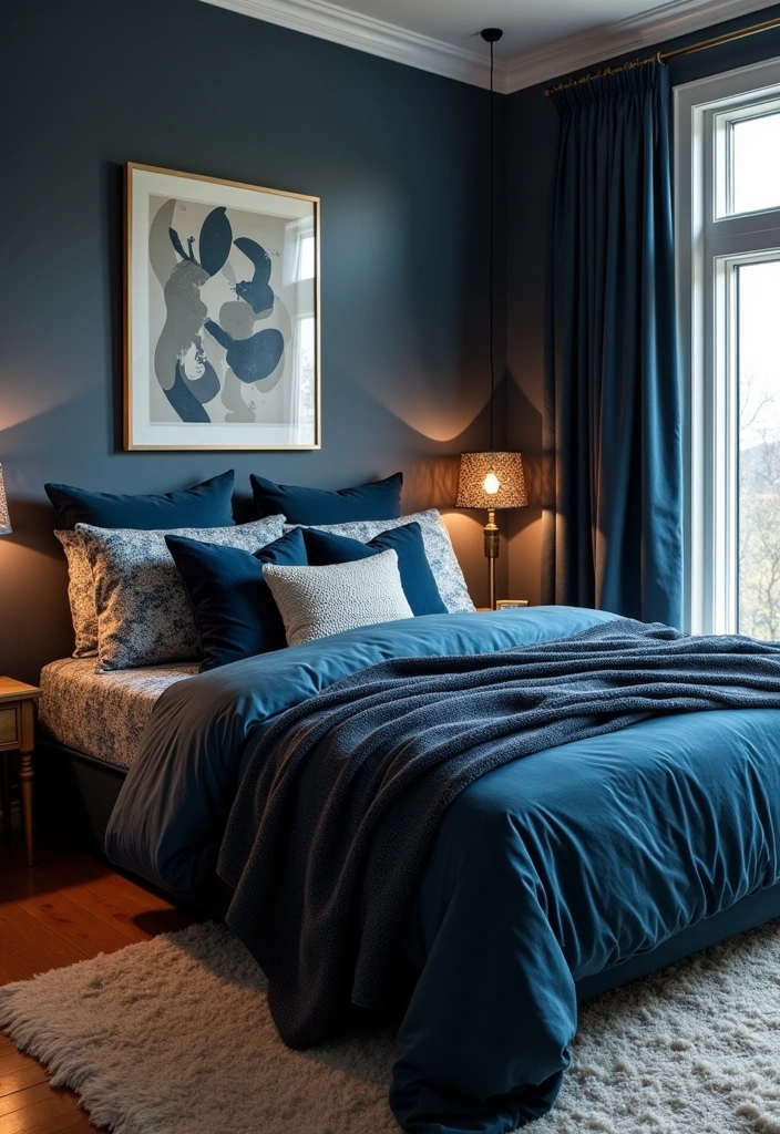 20 Dark Blue Bedroom Ideas That'll Transform Your Space Into a Cozy Retreat! - 2. Cozy Textiles in Deep Blue