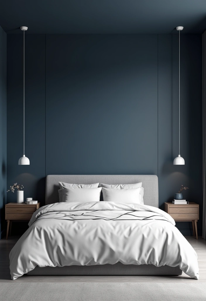 20 Dark Blue Bedroom Ideas That'll Transform Your Space Into a Cozy Retreat! - 5. Dark Blue and White Minimalism