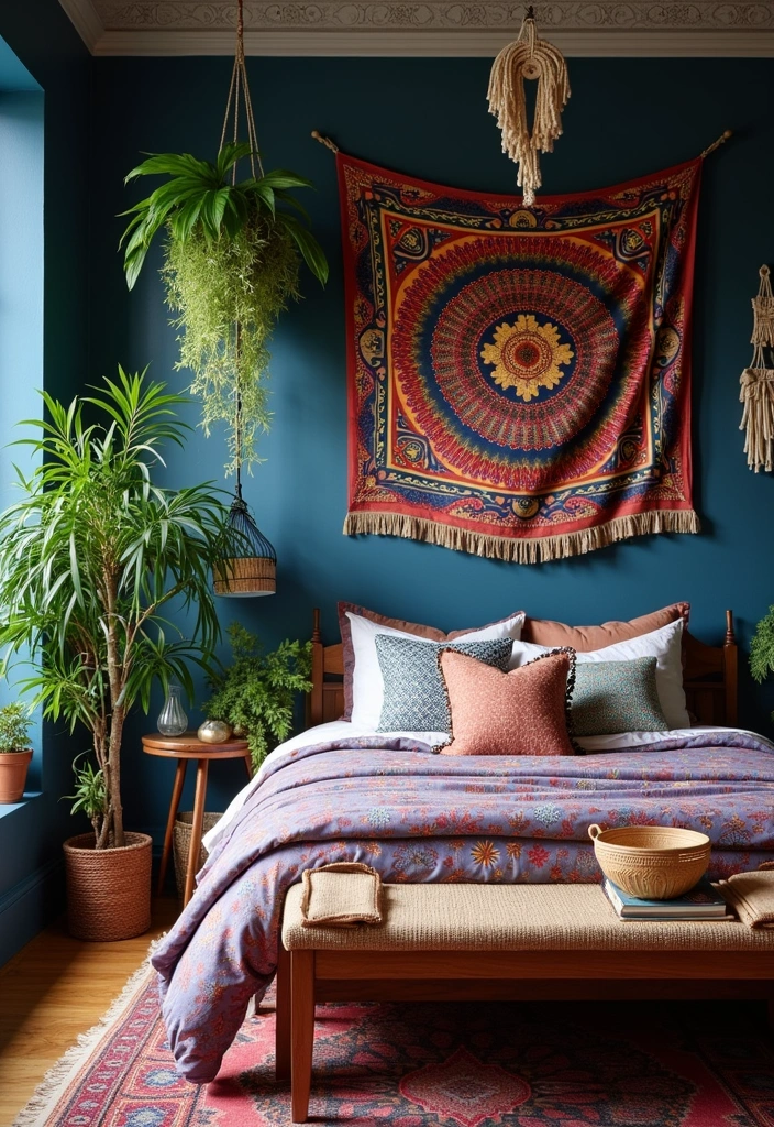 20 Dark Blue Bedroom Ideas That'll Transform Your Space Into a Cozy Retreat! - 6. Dark Blue Bohemian Vibes