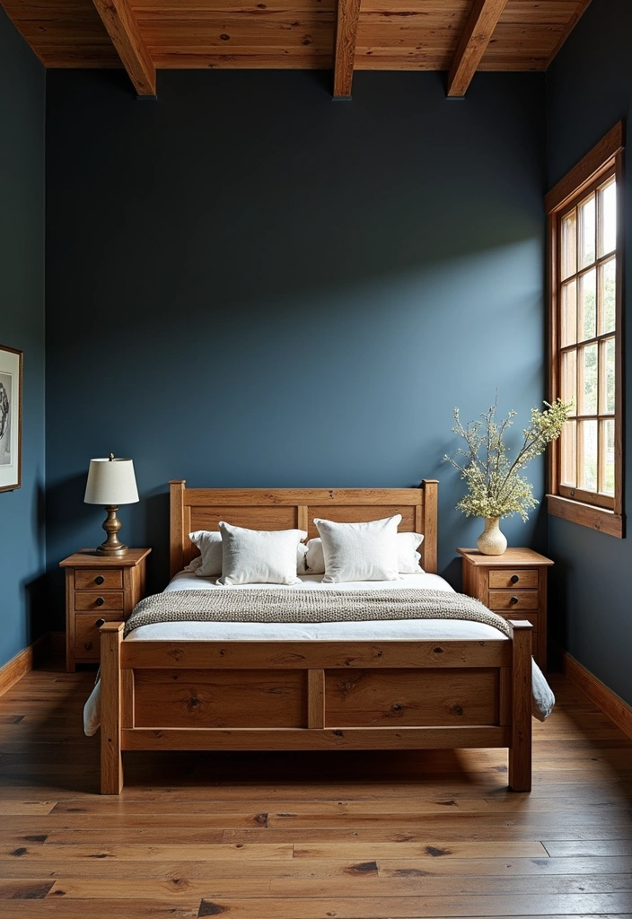 20 Dark Blue Bedroom Ideas That'll Transform Your Space Into a Cozy Retreat! - 7. Dark Blue and Wood Elements