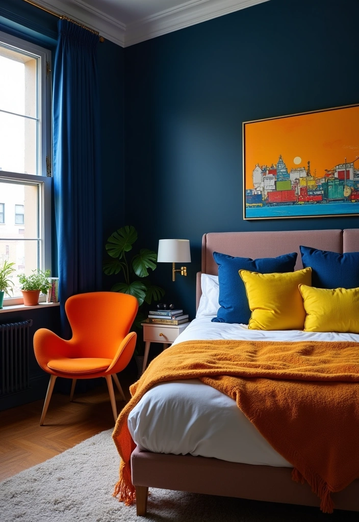 20 Dark Blue Bedroom Ideas That'll Transform Your Space Into a Cozy Retreat! - 8. Dark Blue with Bright Accents