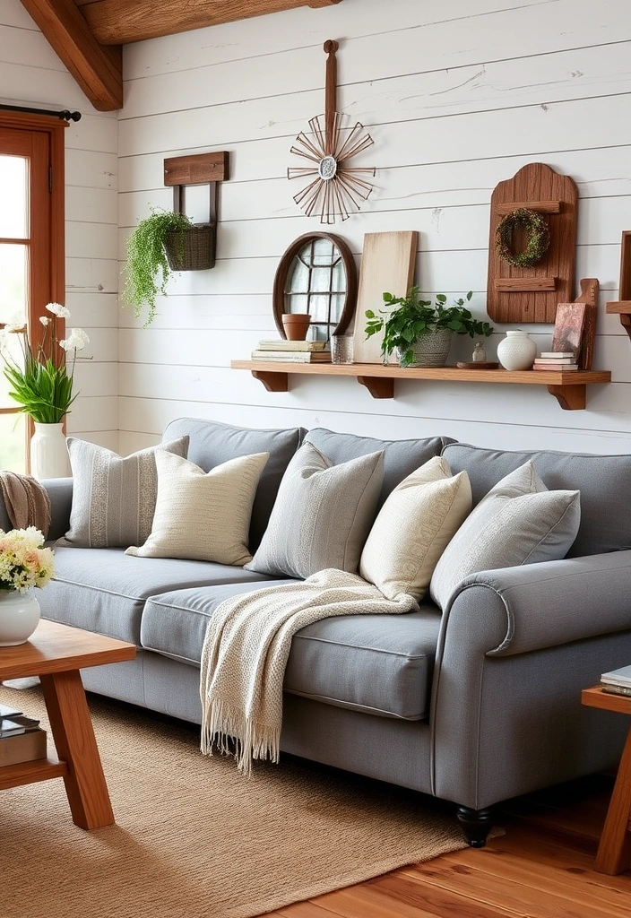 26 Grey Couch Living Room Ideas That'll Make You Want to Redecorate Immediately! - 11. Farmhouse Fresh