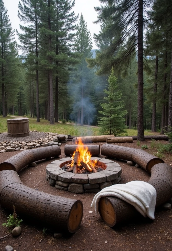 24 Outdoor Fire Pit Seating Area Ideas That'll Make Your Backyard the Place to Be! - 1. Rustic Log Seating Around a Stone Fire Pit