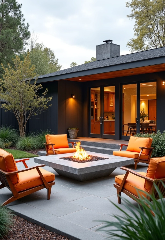 24 Outdoor Fire Pit Seating Area Ideas That'll Make Your Backyard the Place to Be! - 13. Mid-Century Modern Fire Pit Area