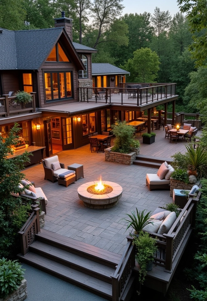 24 Outdoor Fire Pit Seating Area Ideas That'll Make Your Backyard the Place to Be! - 22. Multi-Level Fire Pit Deck