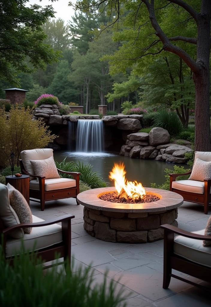 24 Outdoor Fire Pit Seating Area Ideas That'll Make Your Backyard the Place to Be! - 23. Fire Pit with Surrounding Water Feature