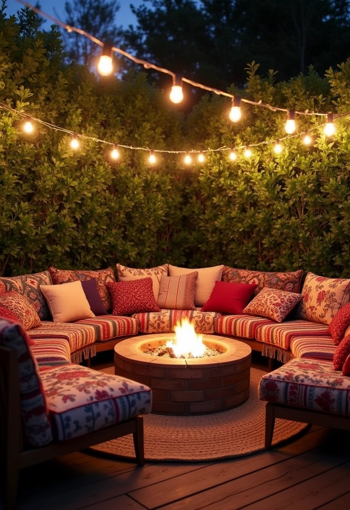 24 Outdoor Fire Pit Seating Area Ideas That'll Make Your Backyard the Place to Be! - 3. Cozy Bohemian Corner with Pillows and Throws