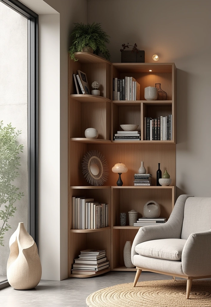 26 Corner Bookshelf Ideas That Will Transform Your Space! - 11. Artistic Corner Bookshelf