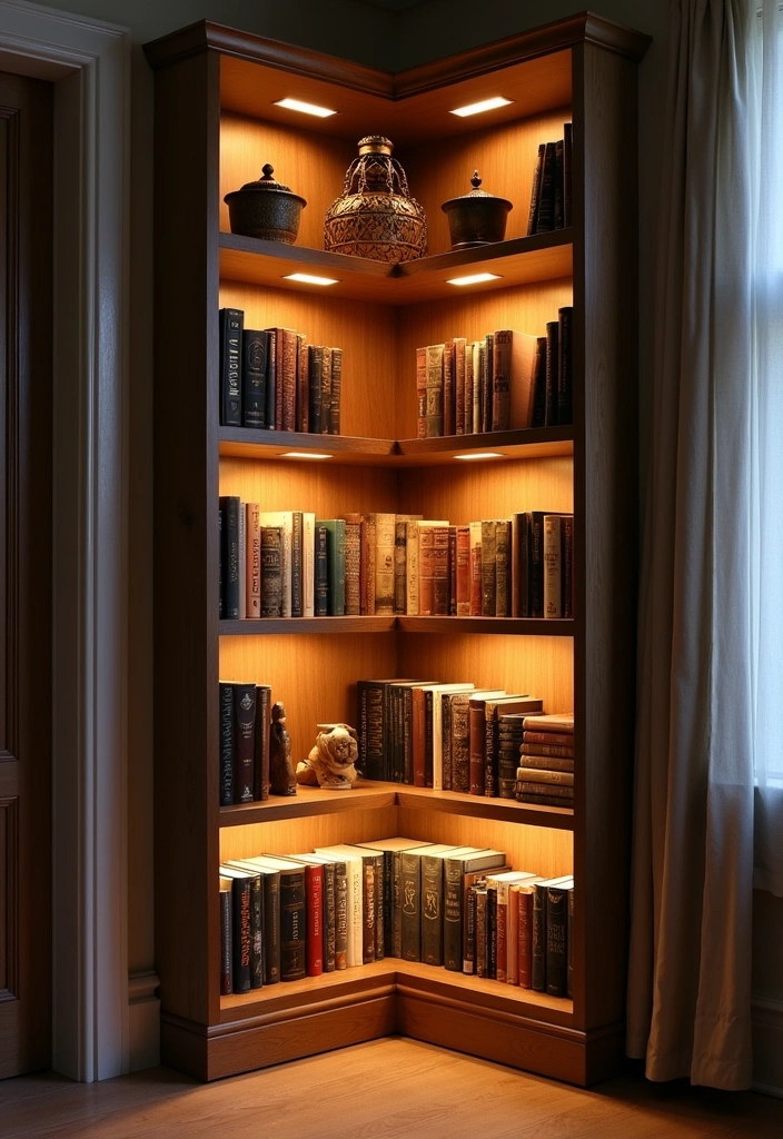 26 Corner Bookshelf Ideas That Will Transform Your Space! - 14. Corner Bookshelf with Lighting