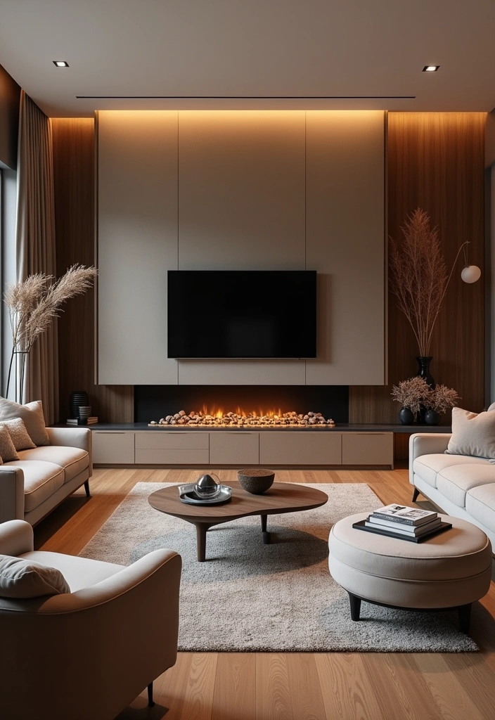 28 Modern Living Room TV Wall Ideas That'll Make You Rethink Your Space! - 14. Elegant Wall-Mounted Fireplaces