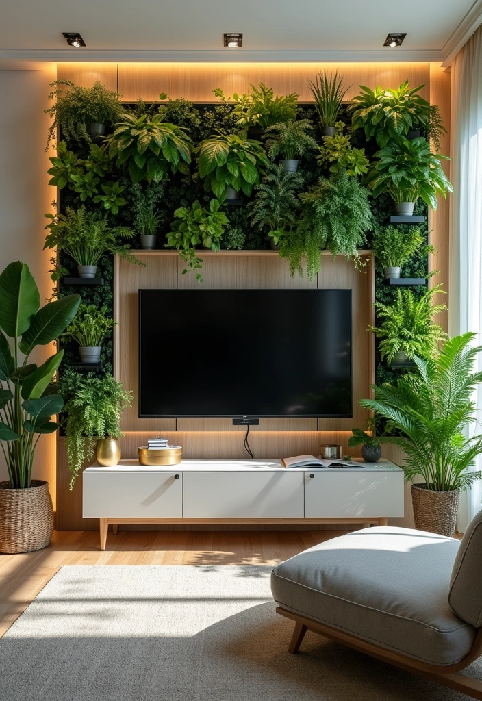 28 Modern Living Room TV Wall Ideas That'll Make You Rethink Your Space! - 4. Nature-Inspired Greenery Wall