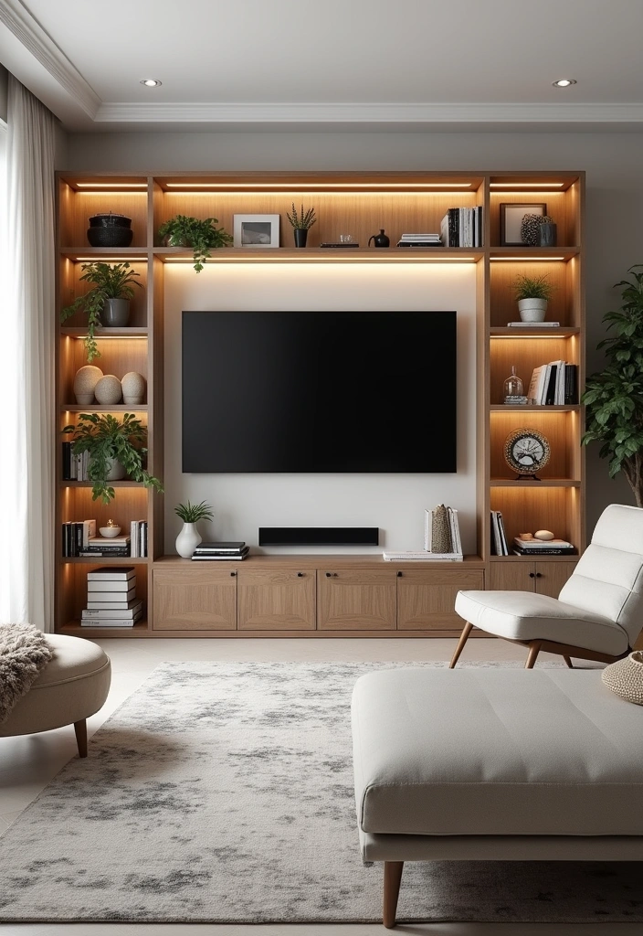 28 Modern Living Room TV Wall Ideas That'll Make You Rethink Your Space! - 9. Open Shelving Display