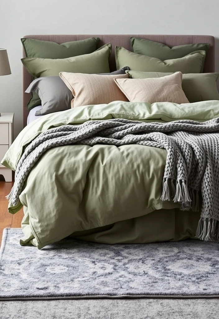 28 Stunning Sage Green and Grey Bedroom Ideas That Will Transform Your Space! - 2. Cozy Layered Bedding