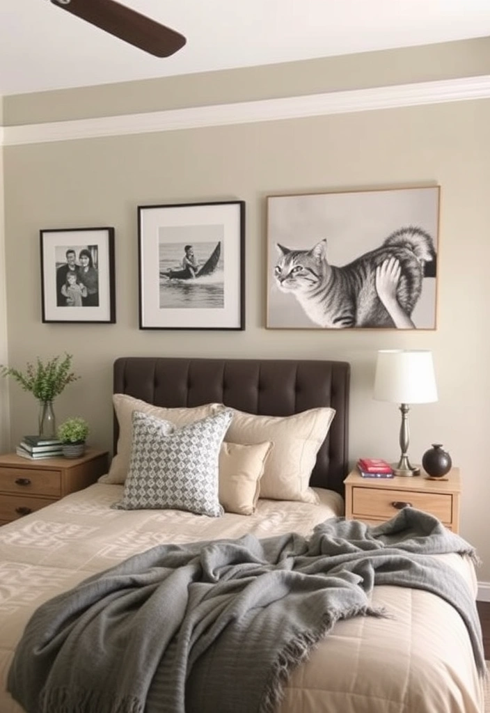 28 Stunning Sage Green and Grey Bedroom Ideas That Will Transform Your Space! - 14. Personalized Artwork