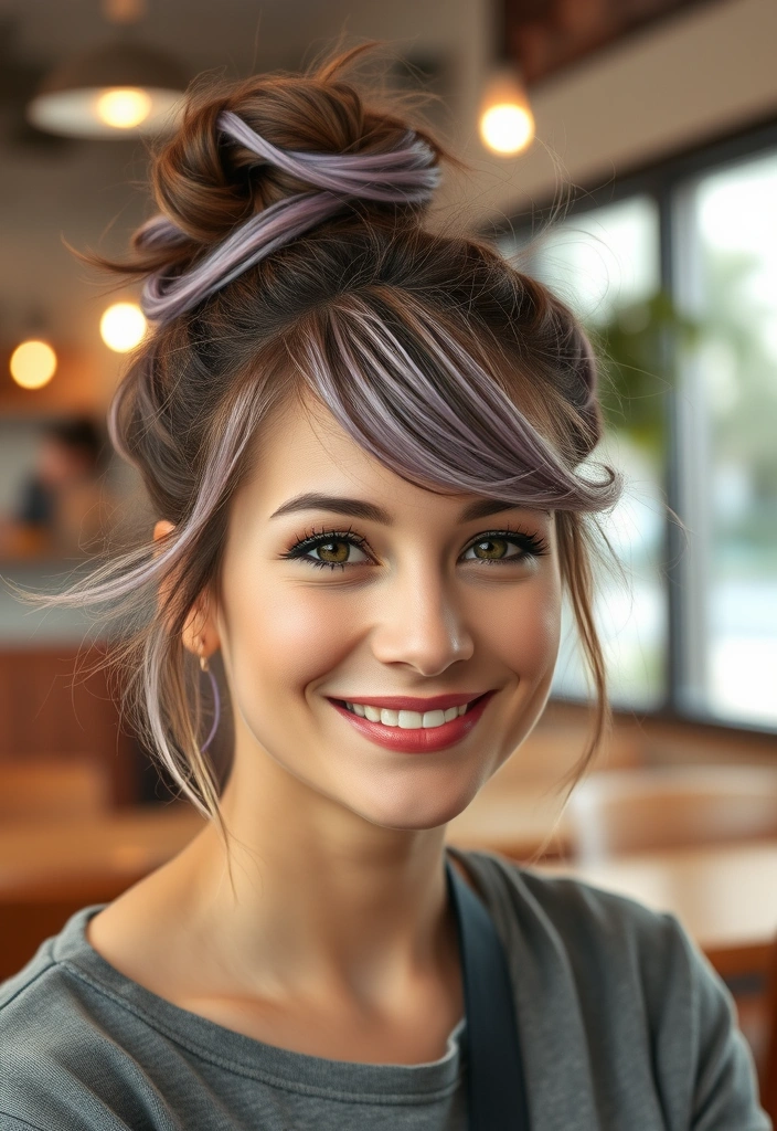 15 Sassy Hairstyles With Streaky Highlights That'll Turn Heads! - 9. Messy Bun with Lavender Highlights