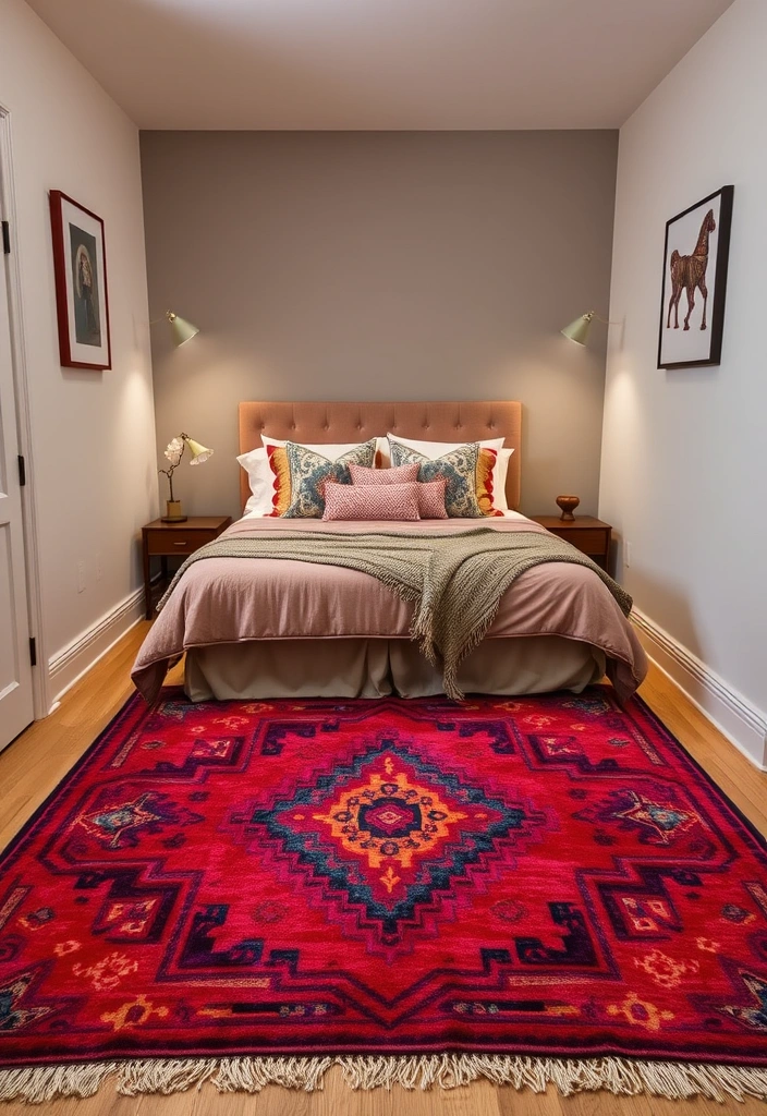 25 Charming Small Bedroom Decor Ideas for Women That Will Transform Your Space! - 3. Use a Statement Rug to Define Your Space