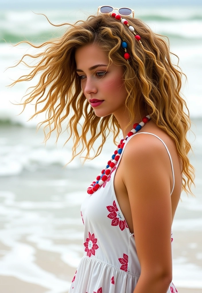 21 Patriotic and Stylish 4th of July Hairstyles That'll Make You Shine! - 19. Beachy Hair with Patriotic Beads