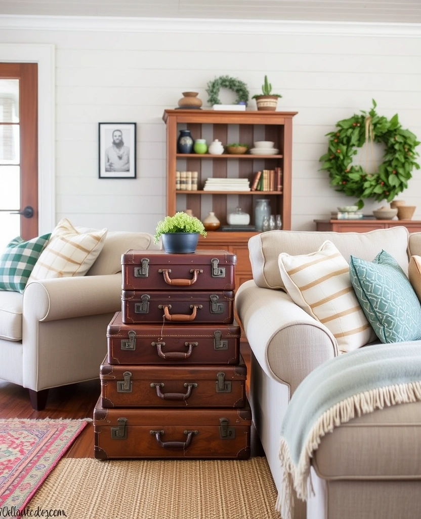 22 Charming Farmhouse Living Room Ideas That Will Steal Your Heart! - 24. Vintage Suitcases as Decor