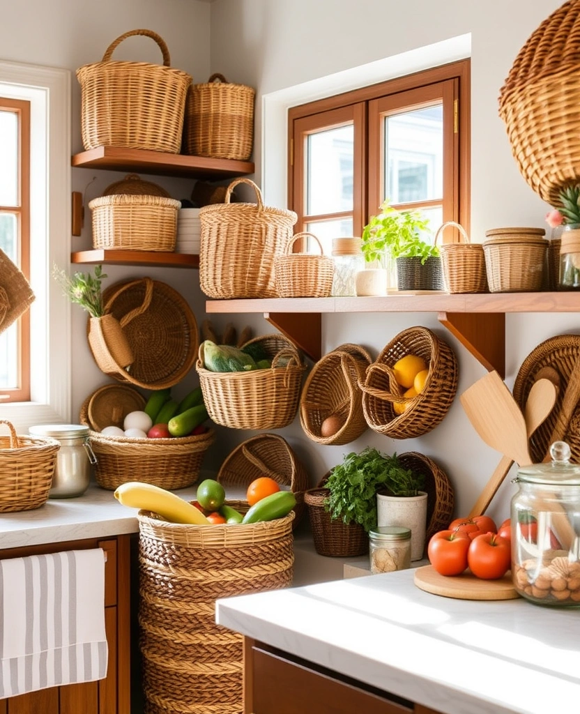 23 Cottagecore Kitchen Designs That Will Make You Feel Like You’re in a Fairytale! - 19. Handwoven Baskets