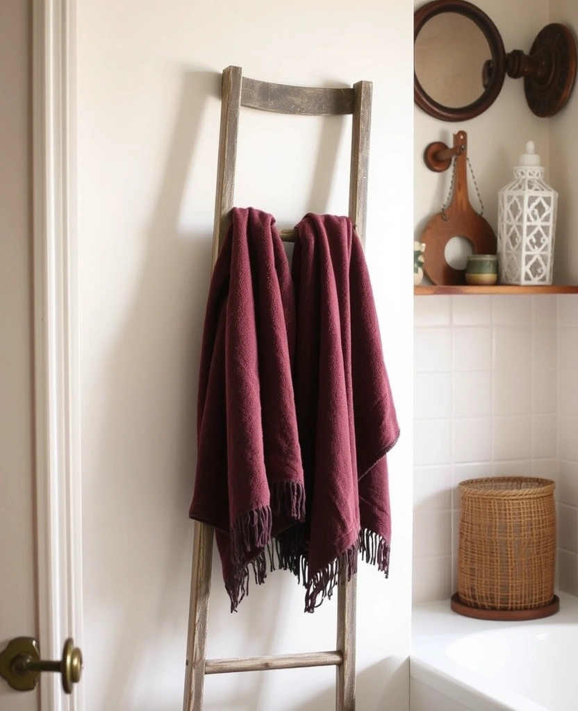 25 Moody Vintage Bathroom Decor Ideas That'll Transform Your Space! - 25. Vintage Ladder Towel Rack