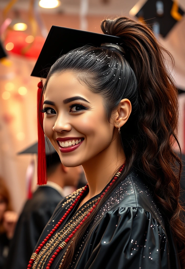 23 Graduation Hair Ideas You Can Do in Under 30 Minutes (You’ll Want #12!) - 7. Glittery Ponytail