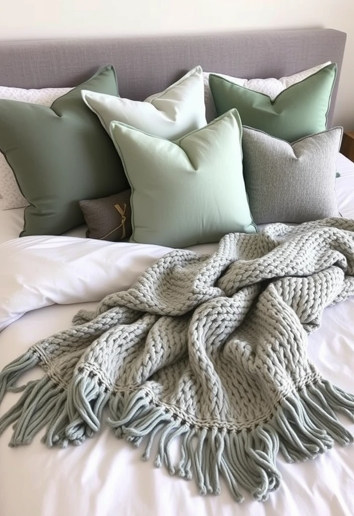 28 Stunning Sage Green and Grey Bedroom Ideas That Will Transform Your Space! - 18. Decorative Pillows and Throws