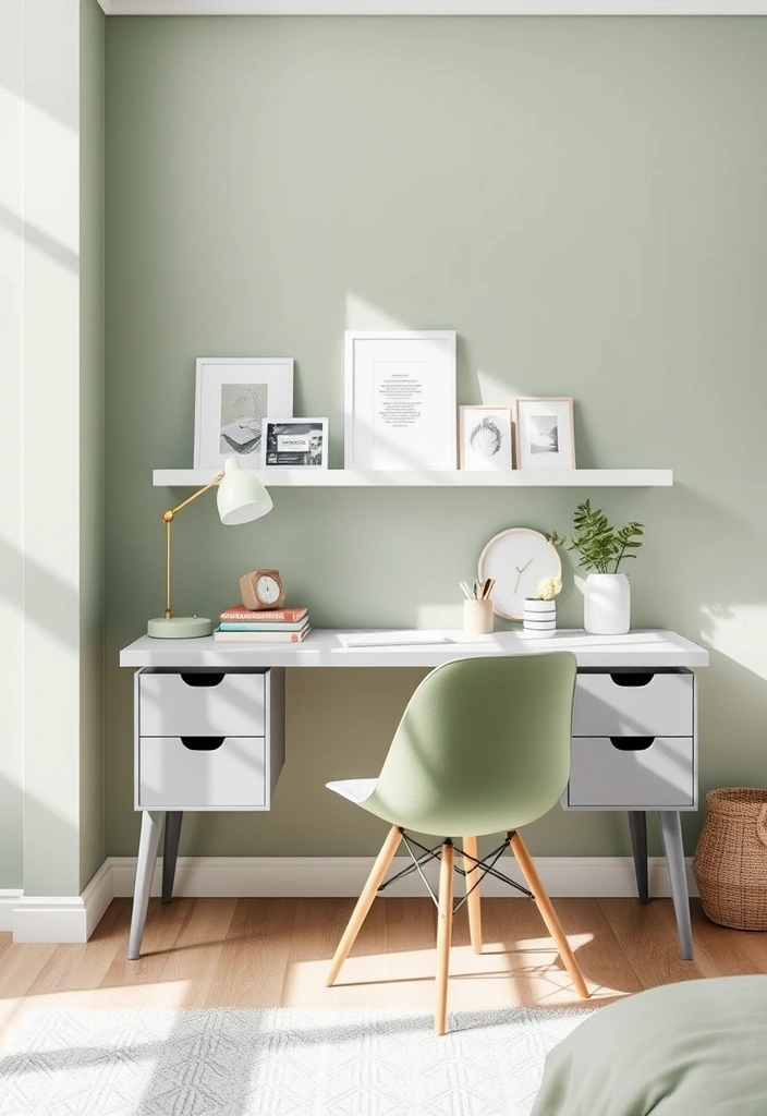 28 Stunning Sage Green and Grey Bedroom Ideas That Will Transform Your Space! - 17. Minimalist Desk Space