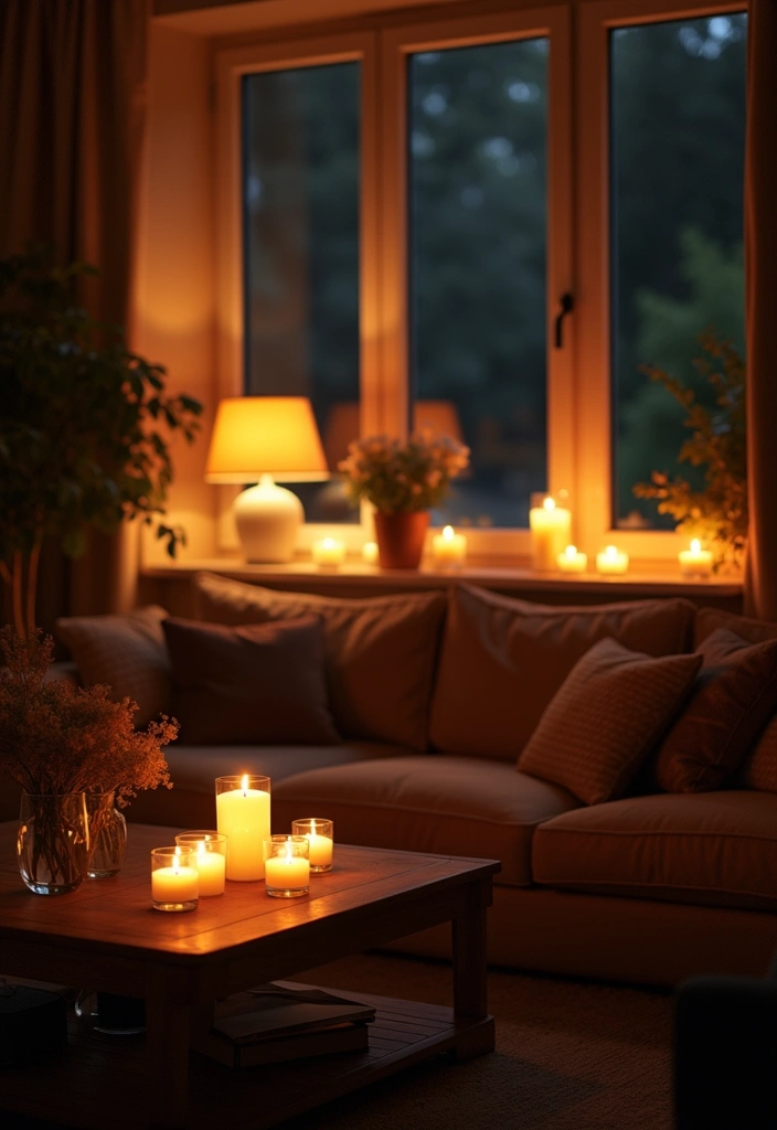 23 Hygge Living Room Ideas That'll Wrap You in Cozy Bliss! - 10. Layered Lighting with Candles