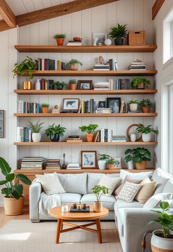 22 Charming Farmhouse Living Room Ideas That Will Steal Your Heart! - 11. Open Shelving