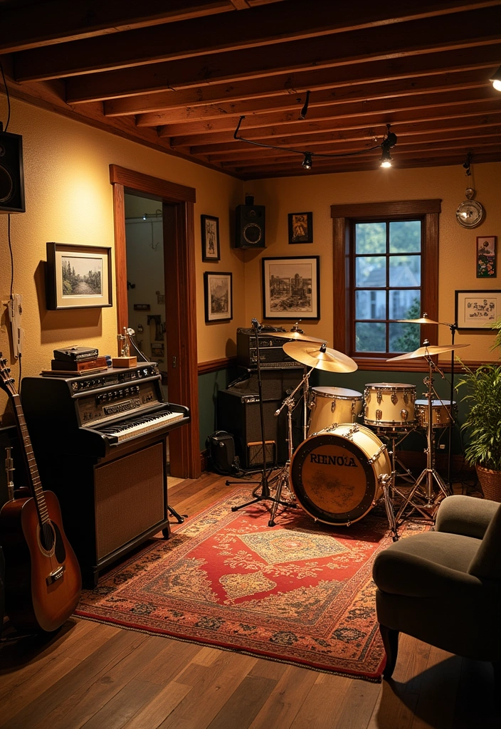 27 Unique Basement Ideas That’ll Transform Your Space into a Cozy Retreat! - 13. Vintage Music Studio