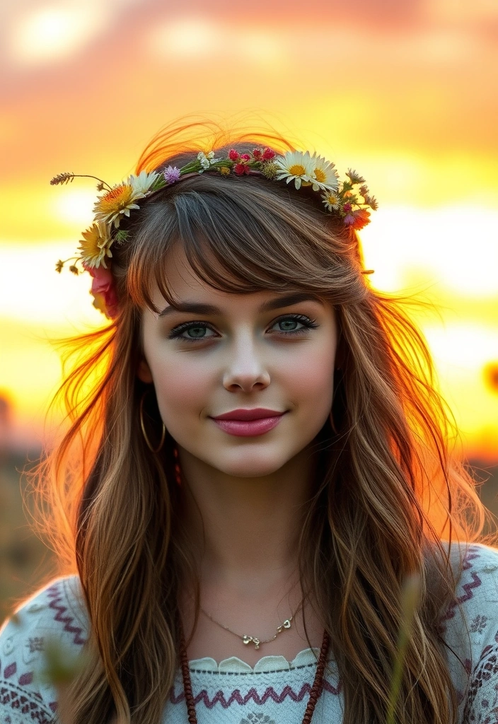 25 Beautiful Hairstyles With Wispy Bangs That Will Make Heads Turn! - 6. Bohemian Half-Up, Half-Down