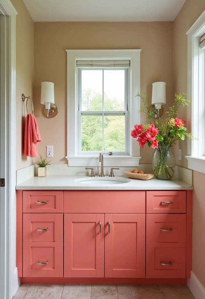 22 Best Paint Colors for Bathroom Cabinets That Will Transform Your Space! - 9. Delightful Coral