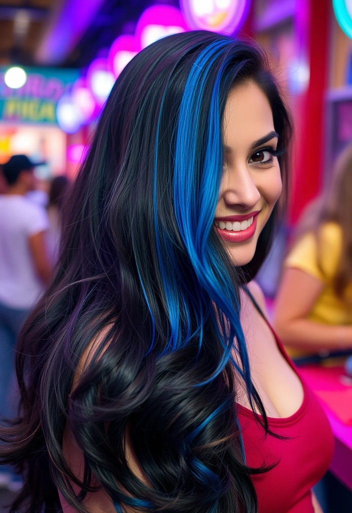 15 Sassy Hairstyles With Streaky Highlights That'll Turn Heads! - 5. Bright Blue Peek-a-boo Highlights