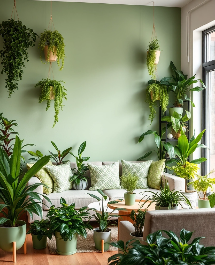 27 Sage Green Living Room Ideas That'll Make You Fall in Love with Your Space! - 23. Urban Jungle