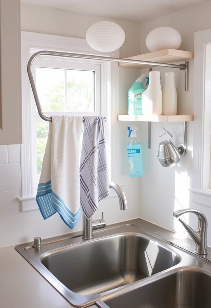 27 Small Kitchen Storage Ideas That'll Transform Your Space! - 12. Tension Rods for Dish Towels