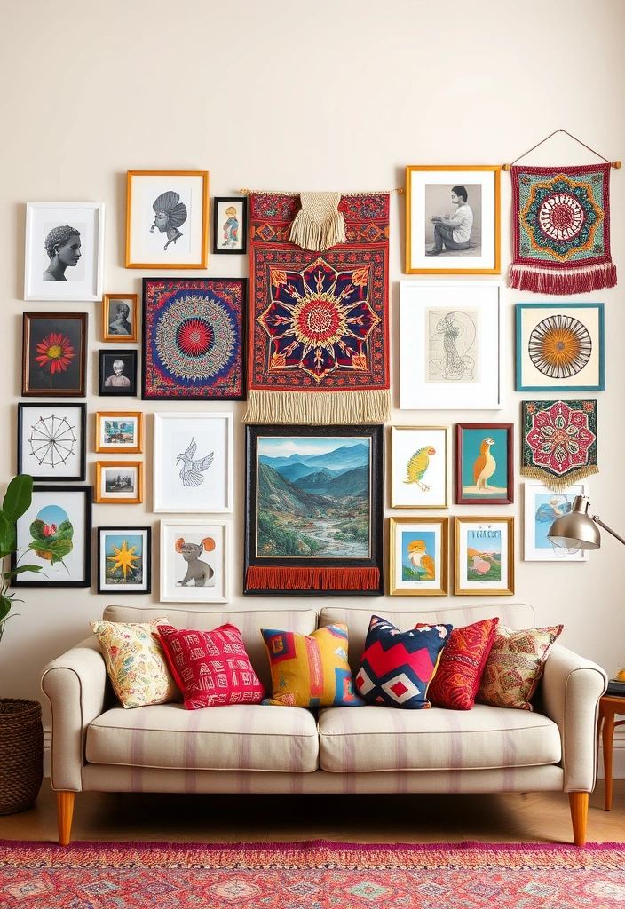 23 Inspiring Boho Living Room Ideas That Will Transform Your Space! - 3. Eclectic Wall Art