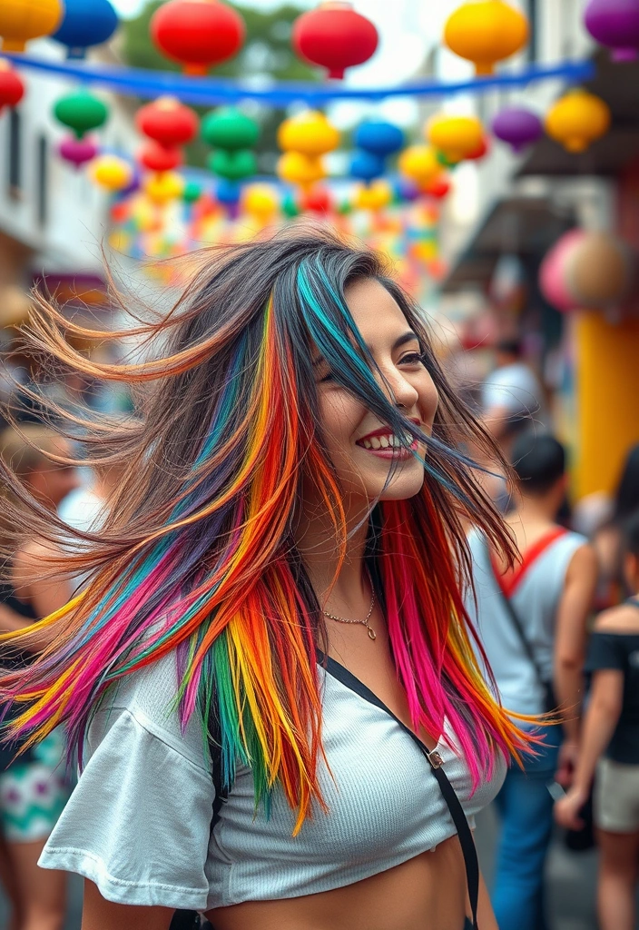 15 Sassy Hairstyles With Streaky Highlights That'll Turn Heads! - 10. Vibrant Rainbow Streaks