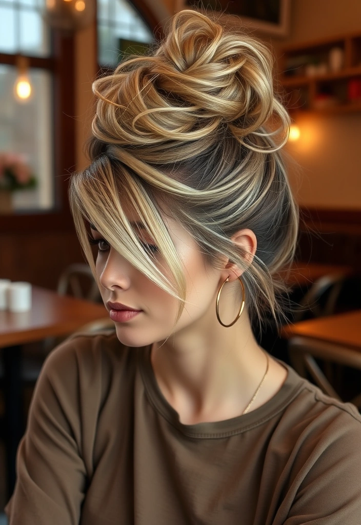 20 Stylish Hairstyles with Chunky Highlights That Will Turn Heads! - Messy Bun with Chunky Highlights