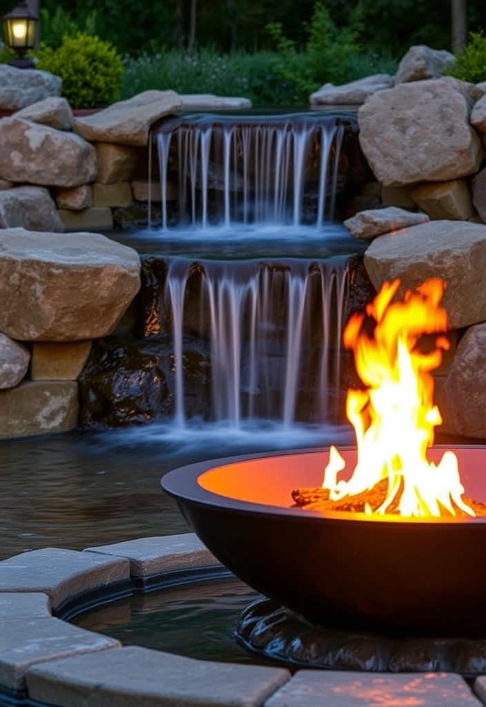 25 Small Garden Waterfalls Ideas That Will Transform Your Backyard into a Paradise! - 16. Waterfall with Fire Feature