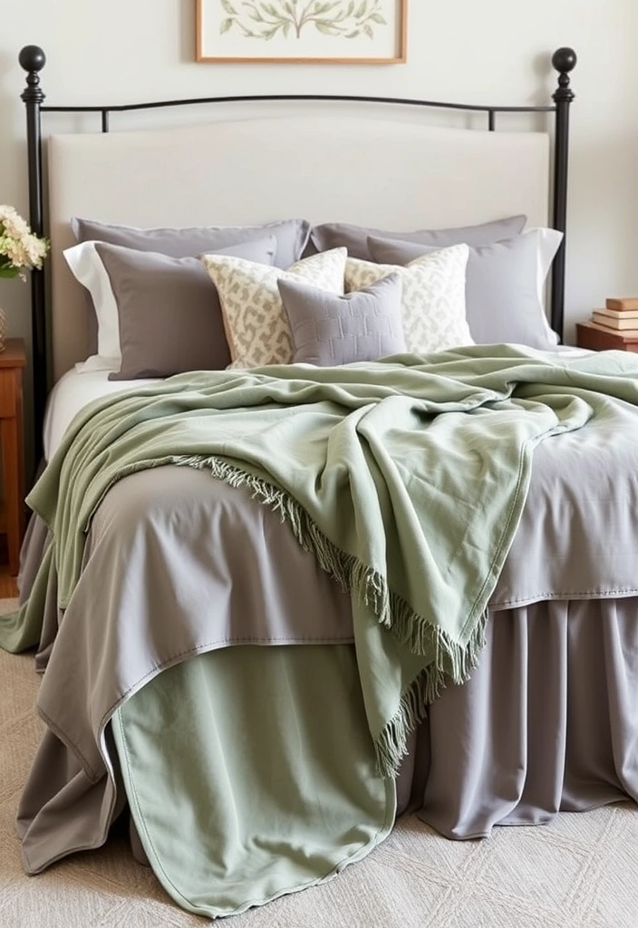 28 Stunning Sage Green and Grey Bedroom Ideas That Will Transform Your Space! - 20. Elegant Bedding Accessories