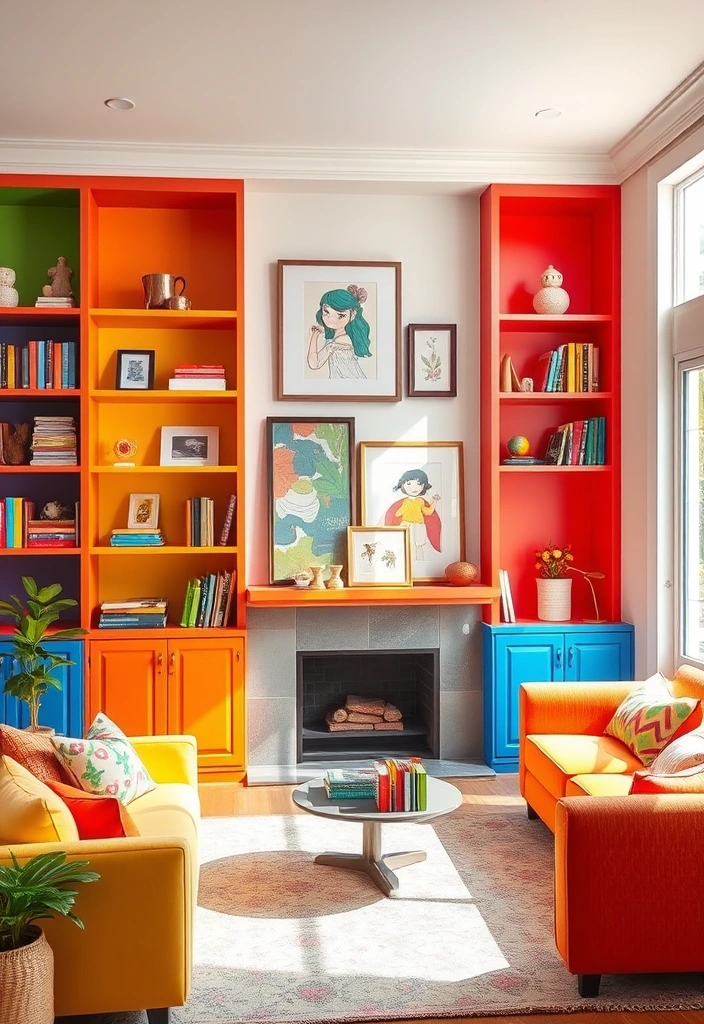 21 Elegant Built-In Shelves Ideas For The Living Room (You Won't Believe #11!) - 12. Bright and Colorful Shelves